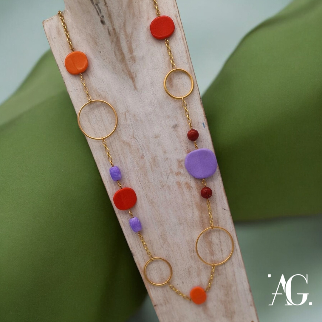 LILAC AND ORANGE RESIN AND HARD STONES NECKLACE
