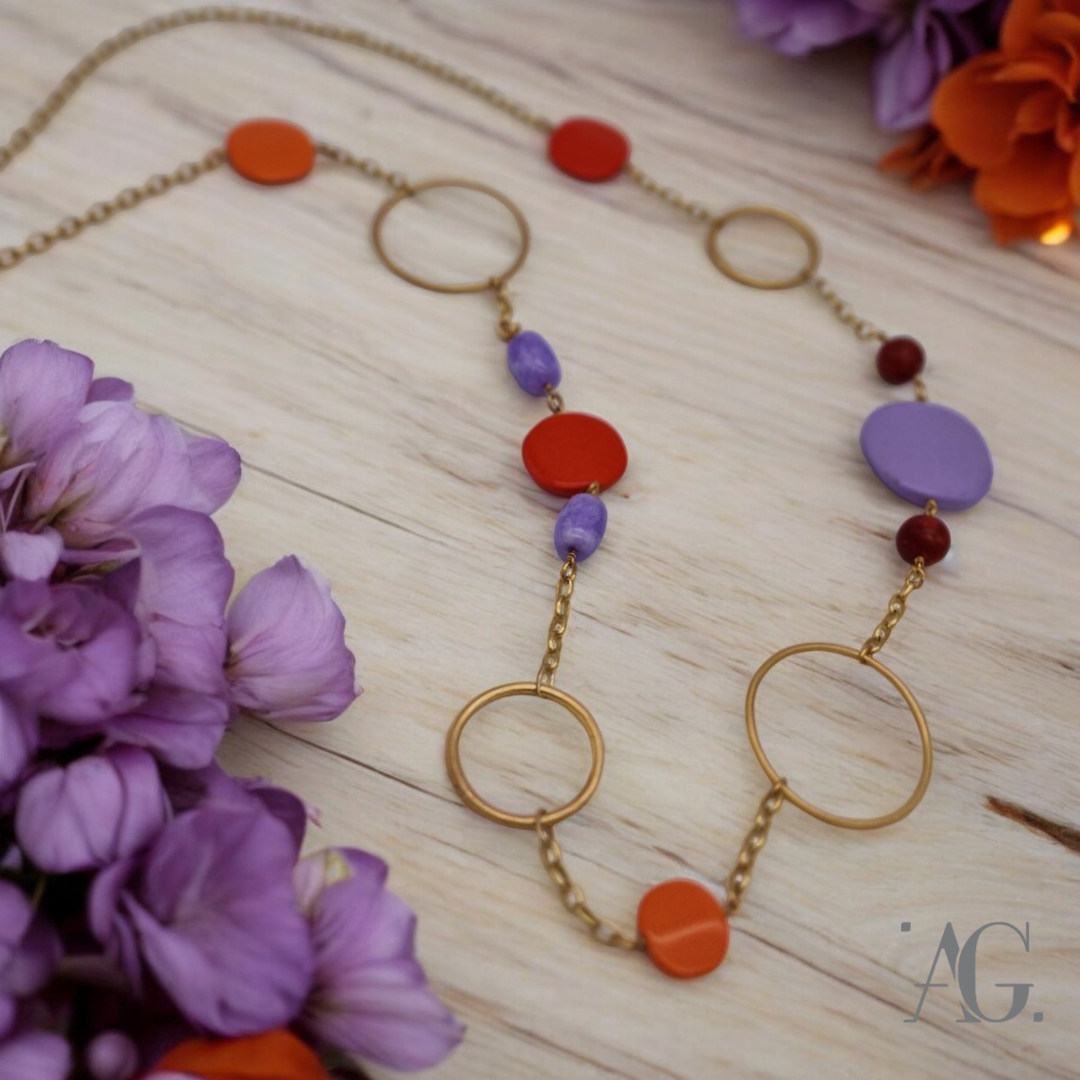 LILAC AND ORANGE RESIN AND HARD STONES NECKLACE
