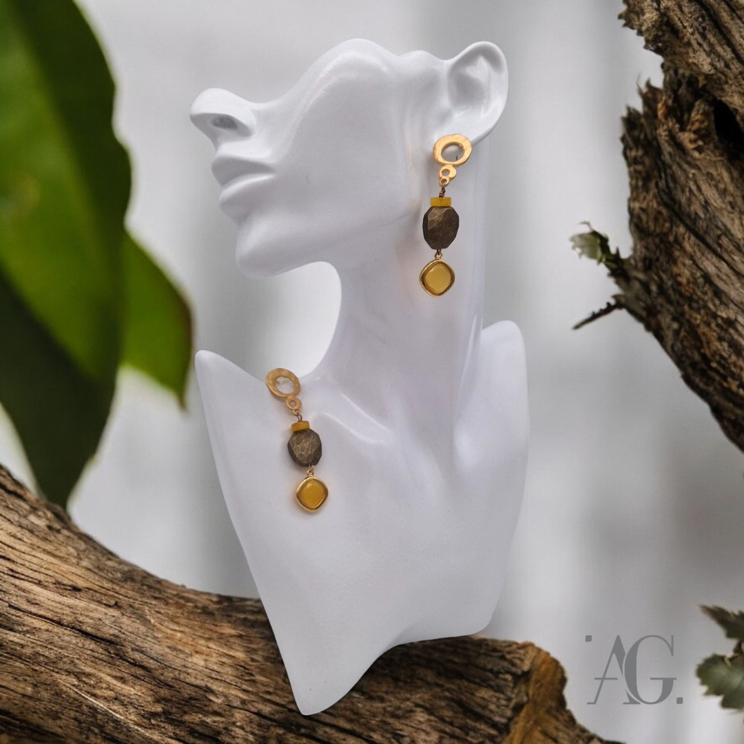 RESIN AND HARD STONES EARRINGS YELLOW/BRONZE